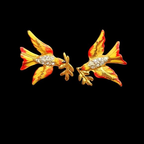 Vtg Enamel & Gold over Sterling Silver Dove Peace Bird Screw Back Earrings - Picture 1 of 5